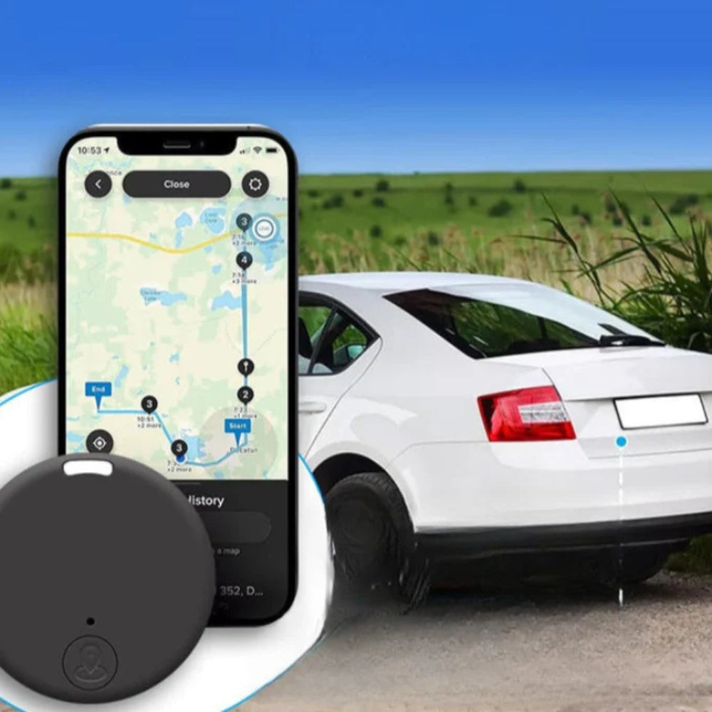 Kompakt, rund GPS-tracker med hul til fastgørelse; ideel til nøgler, tasker og kæledyr; leverer nøjagtige realtidsopdateringe