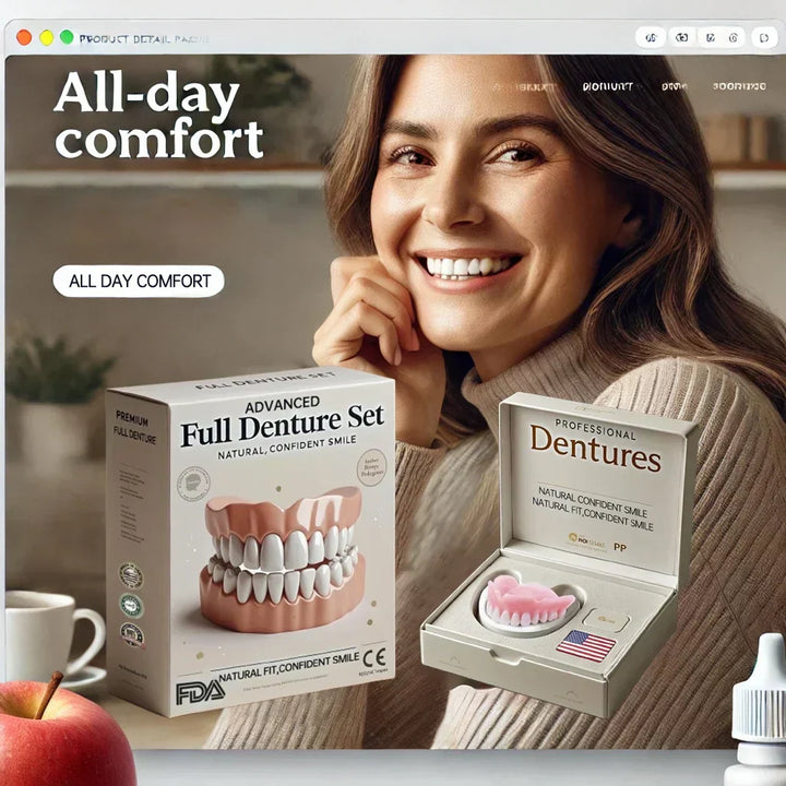 Komplet gebis sæt til over- og underkæbe, giver et naturligt smil og forbedret komfort i dagligdagen.