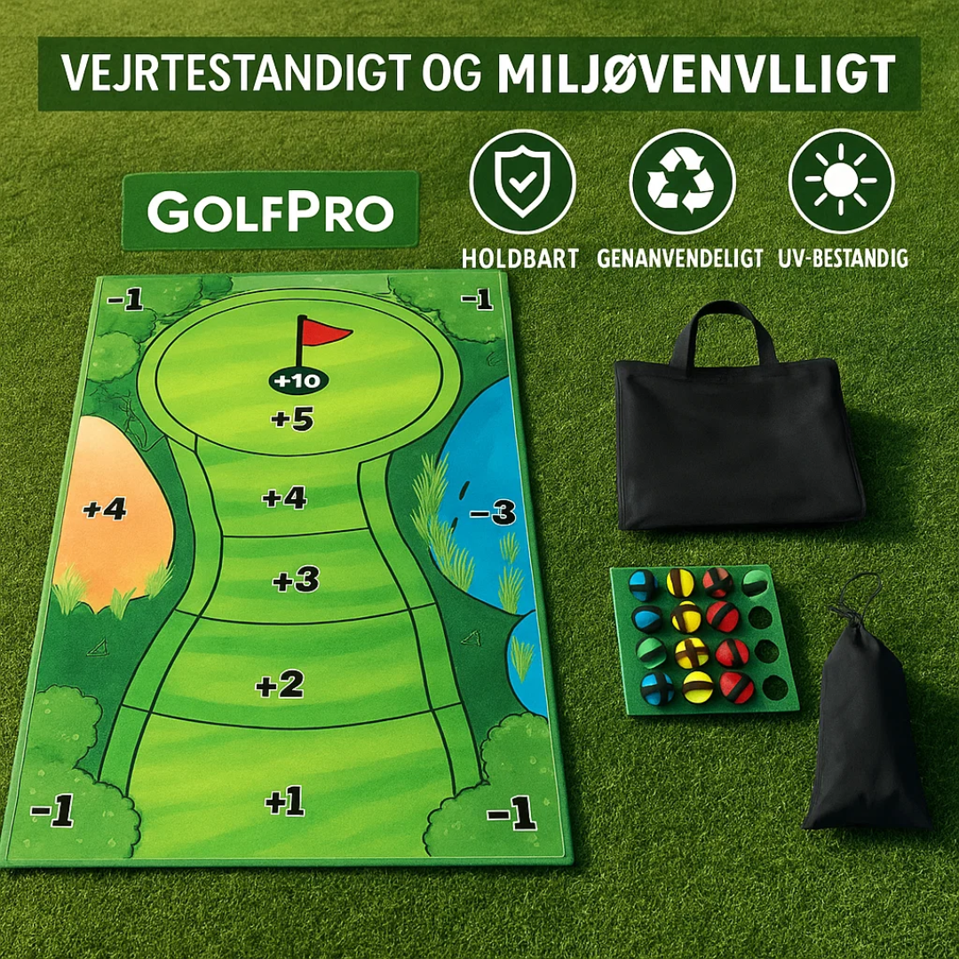 En person øver golf putting teknik på et træningssæt med måtte og hul, perfekt til indendørs træning.