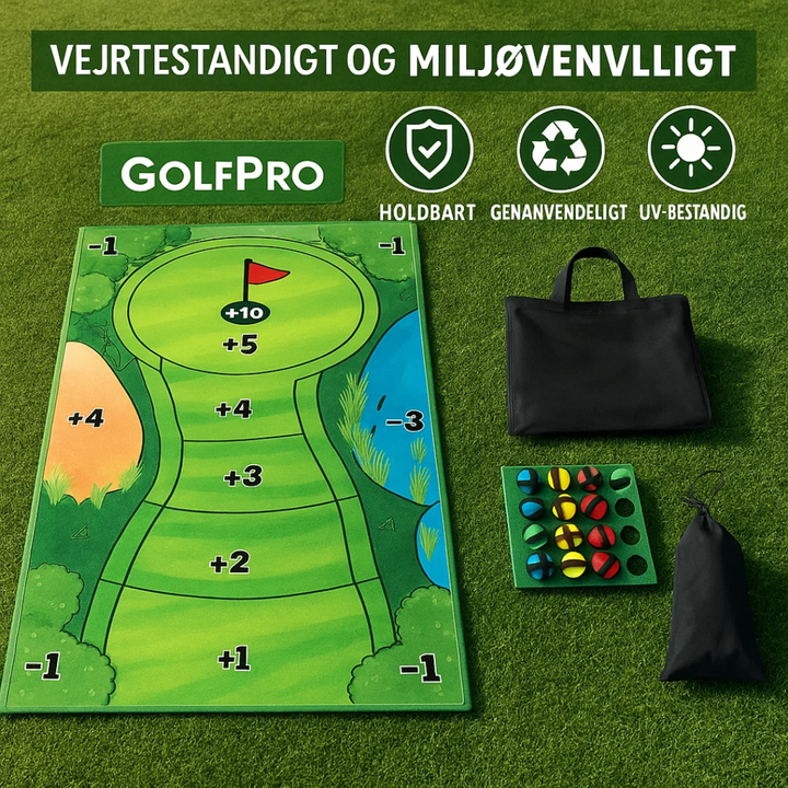 En person øver golf putting teknik på et træningssæt med måtte og hul, perfekt til indendørs træning.