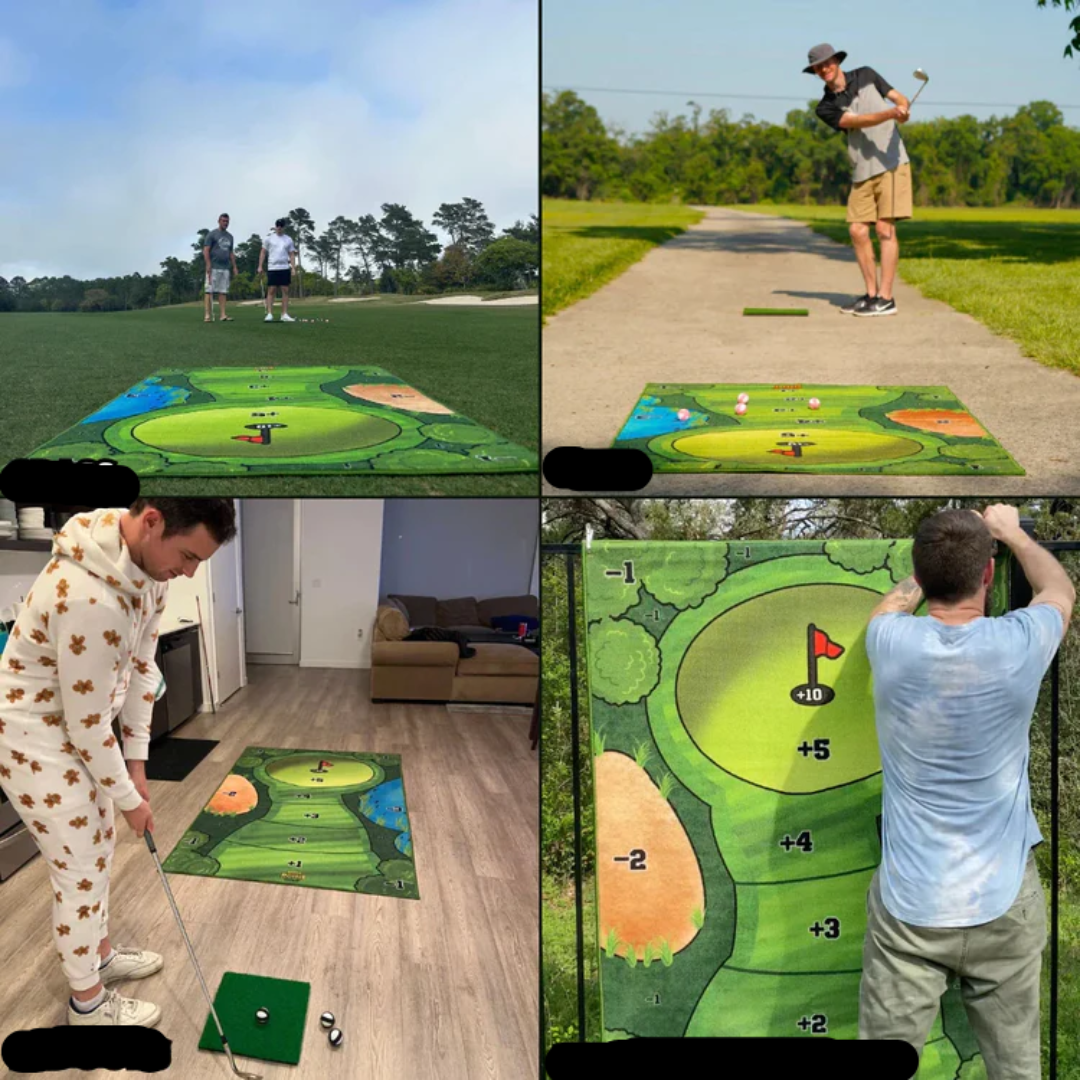 Oversigtsbillede af golf putting træningsmåtte med hul og flag, klar til effektiv golftræning derhjemme.