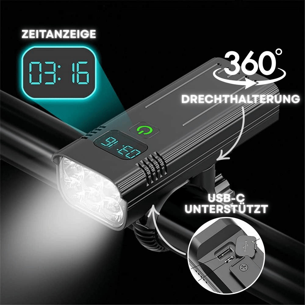 Genopladelig LED-cykellygte med 5000 lumen, ideel til sikker og lys natkørsel. Essentielt cykeltilbehør.