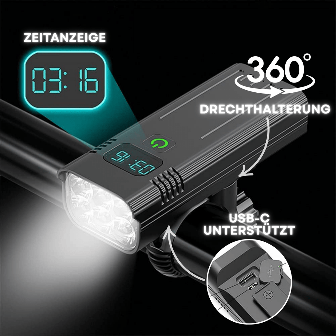 Genopladelig LED-cykellygte med 5000 lumen, ideel til sikker og lys natkørsel. Essentielt cykeltilbehør.
