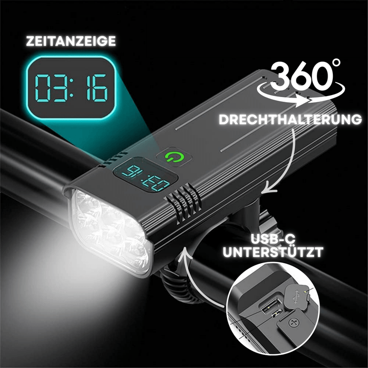 Genopladelig LED-cykellygte med 5000 lumen, ideel til sikker og lys natkørsel. Essentielt cykeltilbehør.