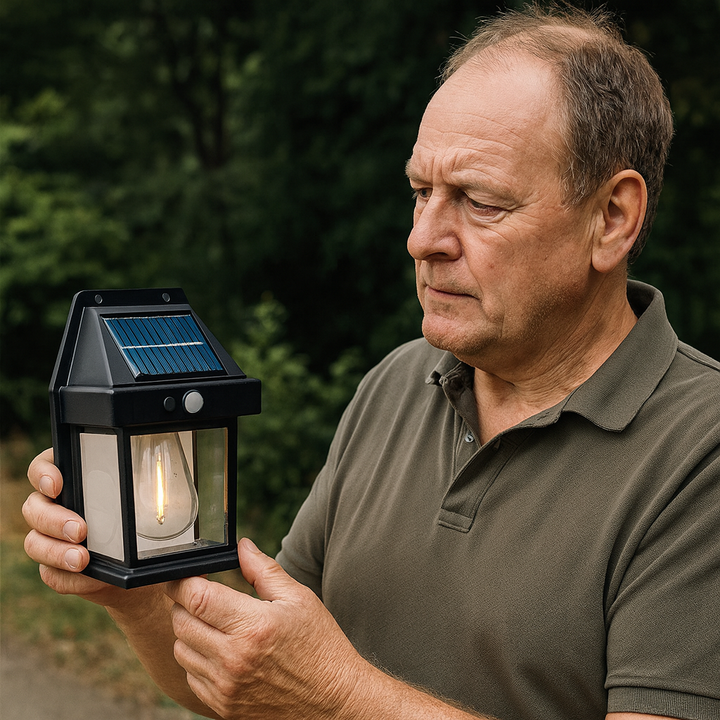 Kraftfuld udendørs solar lampe med bevægelsessensor. Ideel til havebelysning og sikkerhed.