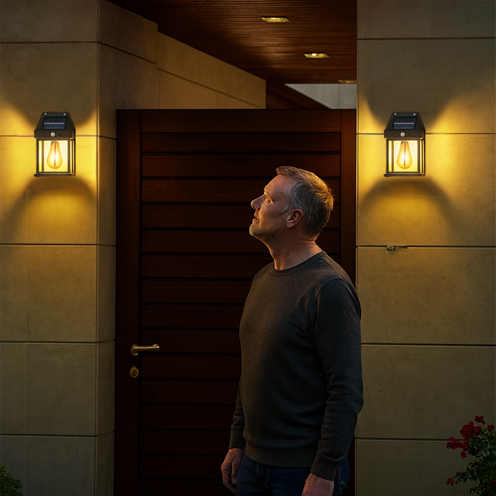 Vandtæt solcellelampe til udendørs brug med effektivt LED lys og intelligent sensor.