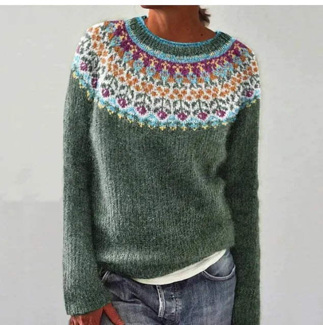 Langærmet islandsk trøje til kvinder. Geometrisk colorblock sweater, perfekt til efterårs- og vinteroutfits.