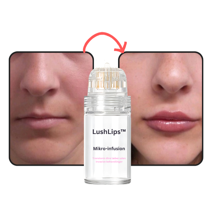 Nærbillede af læbeserumflaske for fyldigere, glattere læber. Indeholder kollagen, hyaluronsyre og E-vitamin.