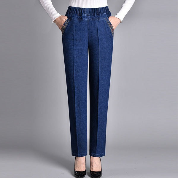 Kvinder højtaljede jeans med brede ben og praktiske sidelommer i blå denim for komfortabel stil.