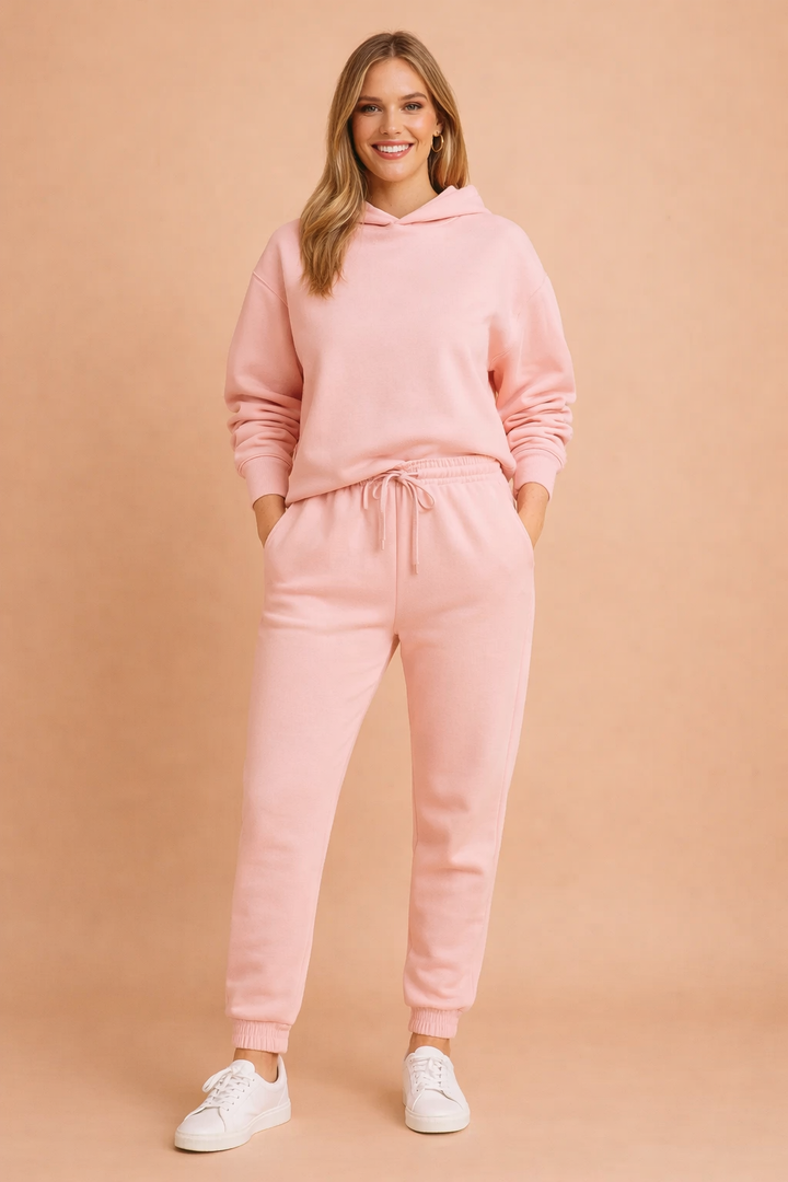 Kvinde i Marlee sweatshirt og bukser sæt, der nyder afslapning og komfort i et moderne loungewear look.
