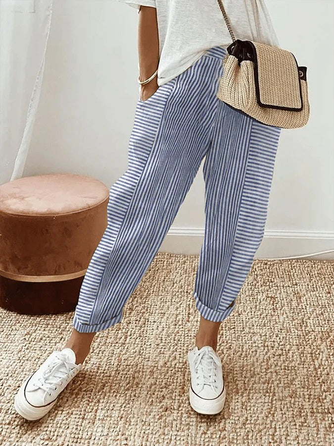 Løse, stribede damebukser med justerbar talje; elegante og alsidige til sommer og mode.