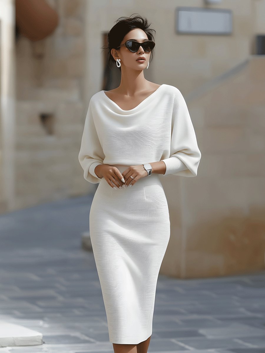 Kvinder's elegant satin midi kjole m. cowl-hals, lange ærmer & bodycon pasform. Ideel til fest/aften.