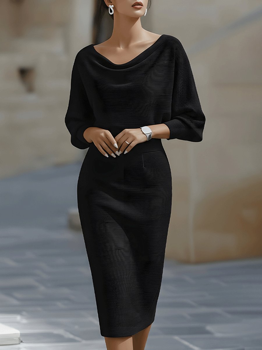 Kvinders bodycon satin midi kjole m. lange ærmer & cowl-hals. Elegant fest- & aftenkjole.
