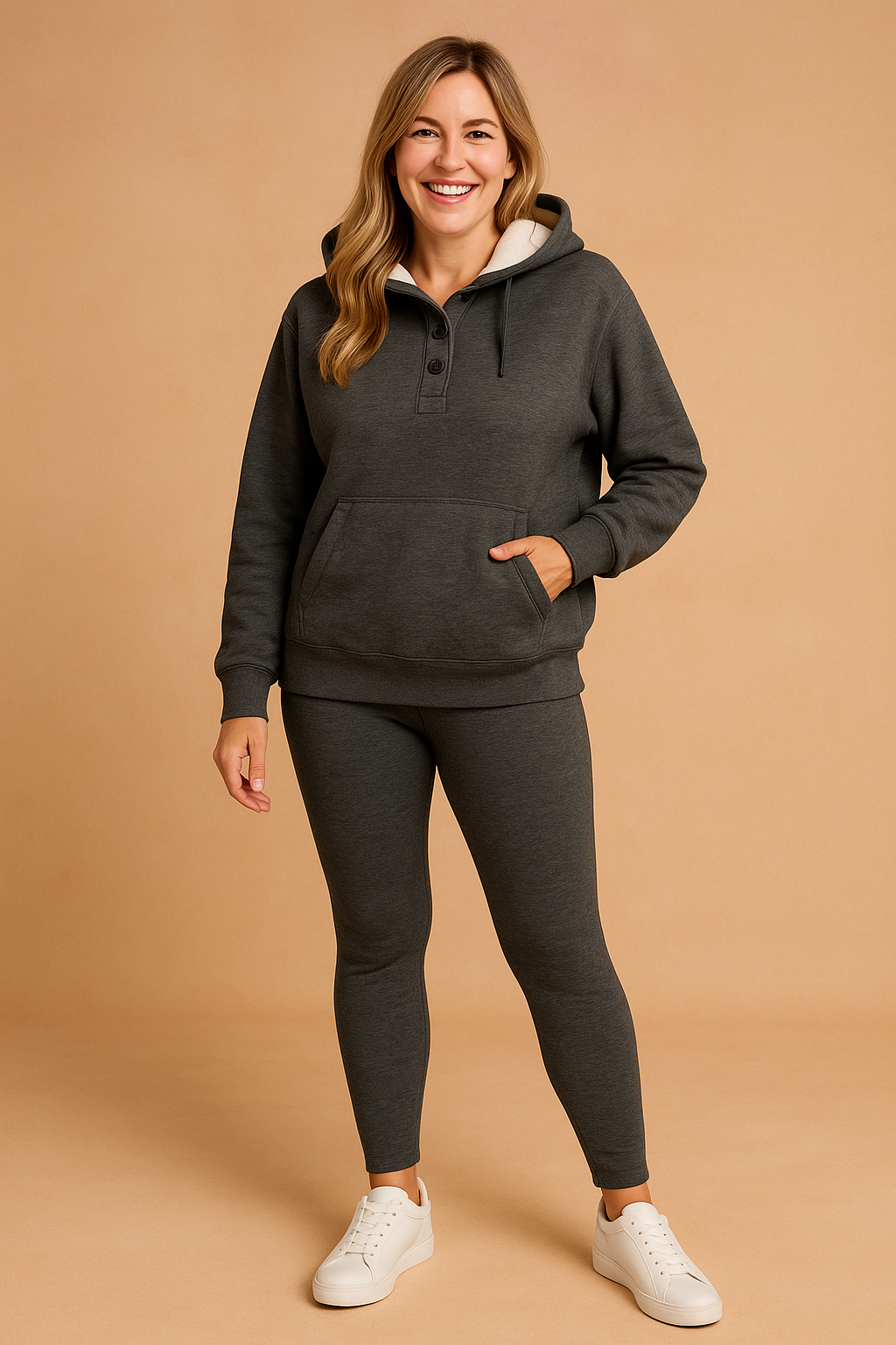 Komplet kvindesæt med hyggelig sweatshirt, bløde leggings og matchende sneakers – ideelt til hjemme og ude.