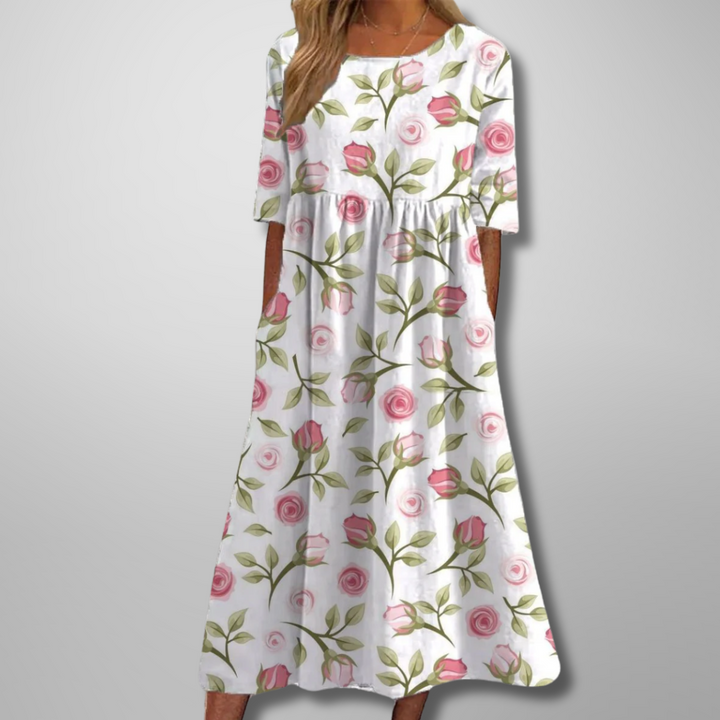 Trendy blomstret midikjole med print til kvinder; en komfortabel sommer- og festkjole.