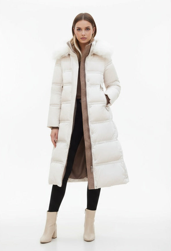 Kvinders elegant Maya vinterfrakke, lang puffer jakke i stilfuldt design, varm og komfortabel til vintermode.