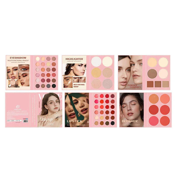 Kvinders øjenskyggepalette med 67 pigmenterede farver i 5 sider for betagende og holdbare looks.