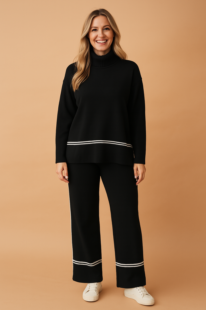 Elegant todelt loungewear sæt til kvinder i grøn med kontrasterende kant. Minimalistisk og behageligt hverdagstøj.