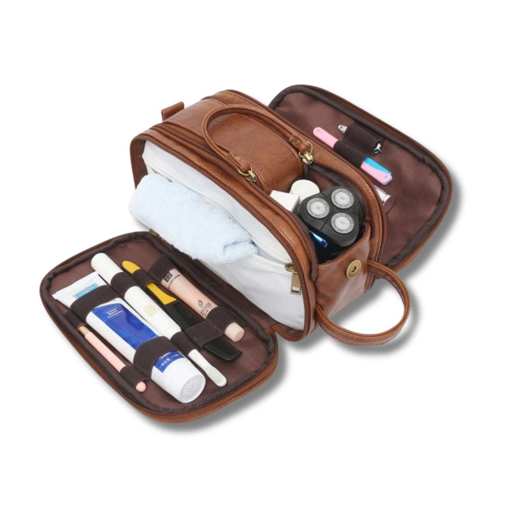 Læder rejsetoilettaske til kvinder. Elegant, holdbar og rummelig. Perfekt til organiseret rejseudstyr.