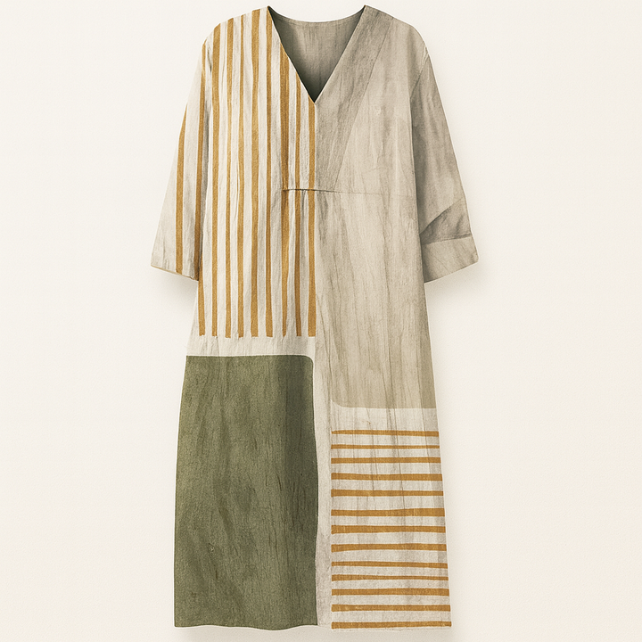 Løs bomulds sommerkjole med farverigt patchwork design og afslappet pasform til kvinder.