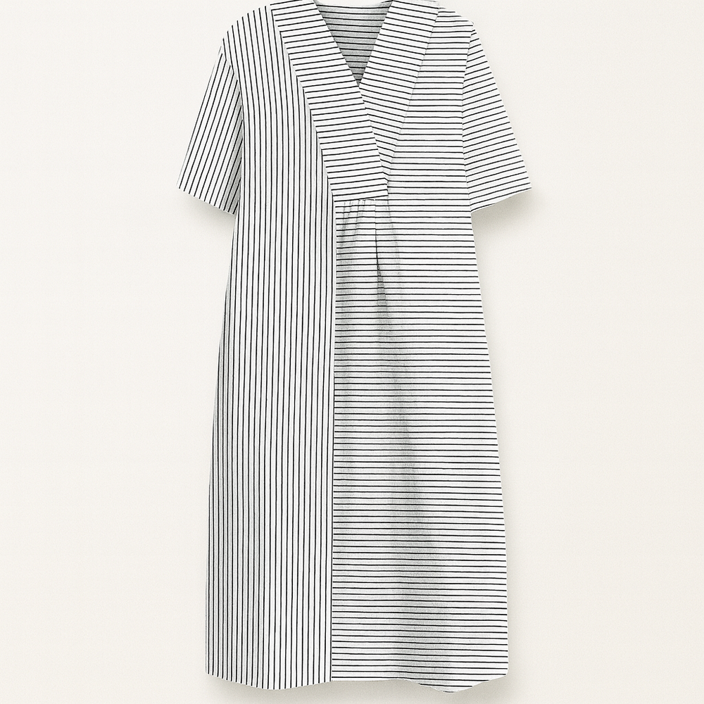 Nærbillede af patchwork mønster på en løs bomulds midi sommerkjole, perfekt til boho-stil.