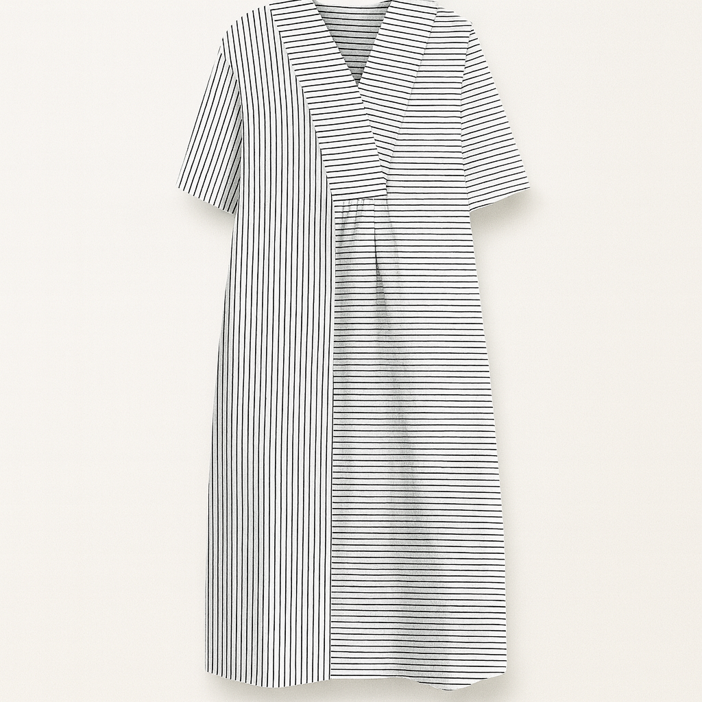 Nærbillede af patchwork mønster på en løs bomulds midi sommerkjole, perfekt til boho-stil.