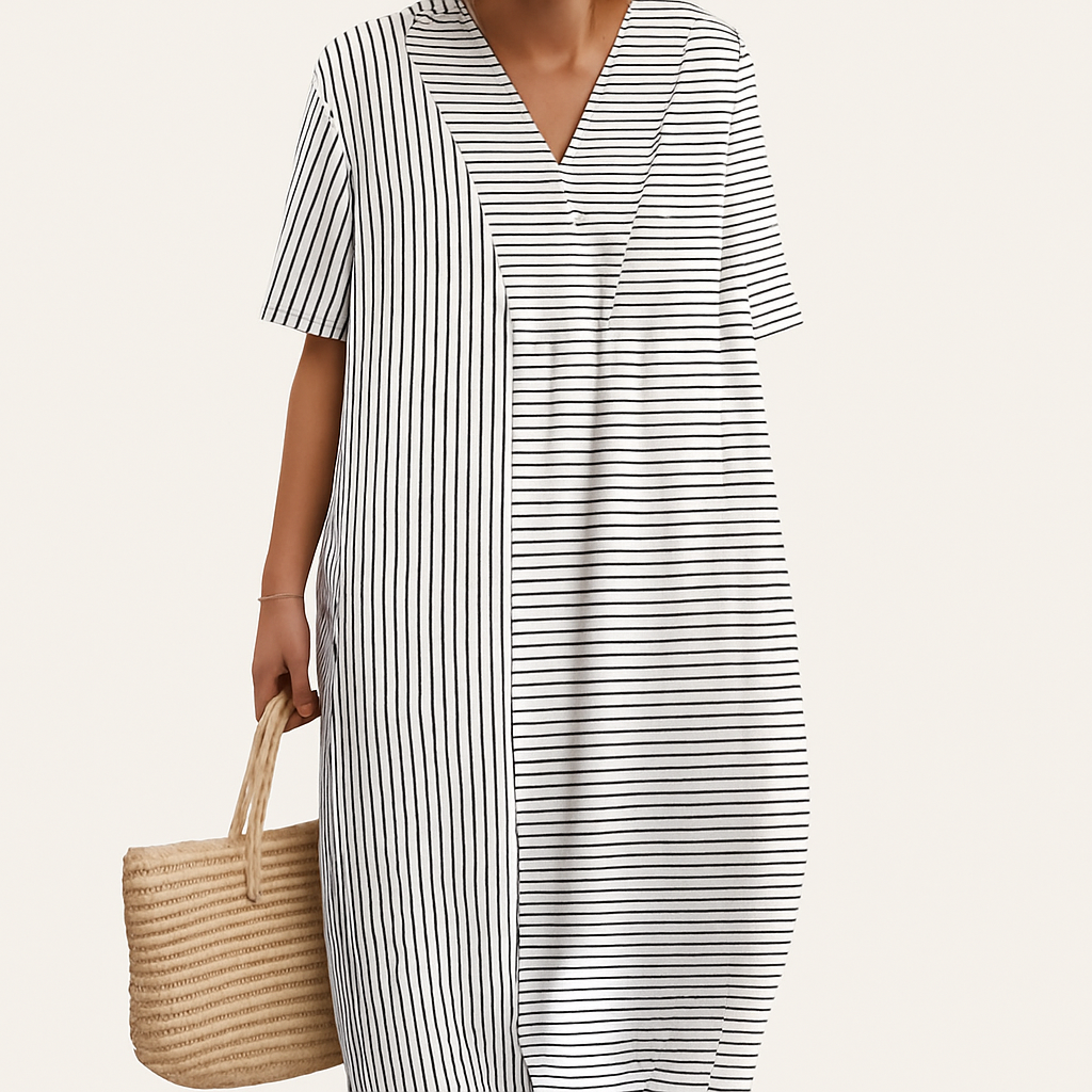 Farverig patchwork bomuldskjole i en afslappet, løs pasform til kvinder, perfekt som casual sommertøj.