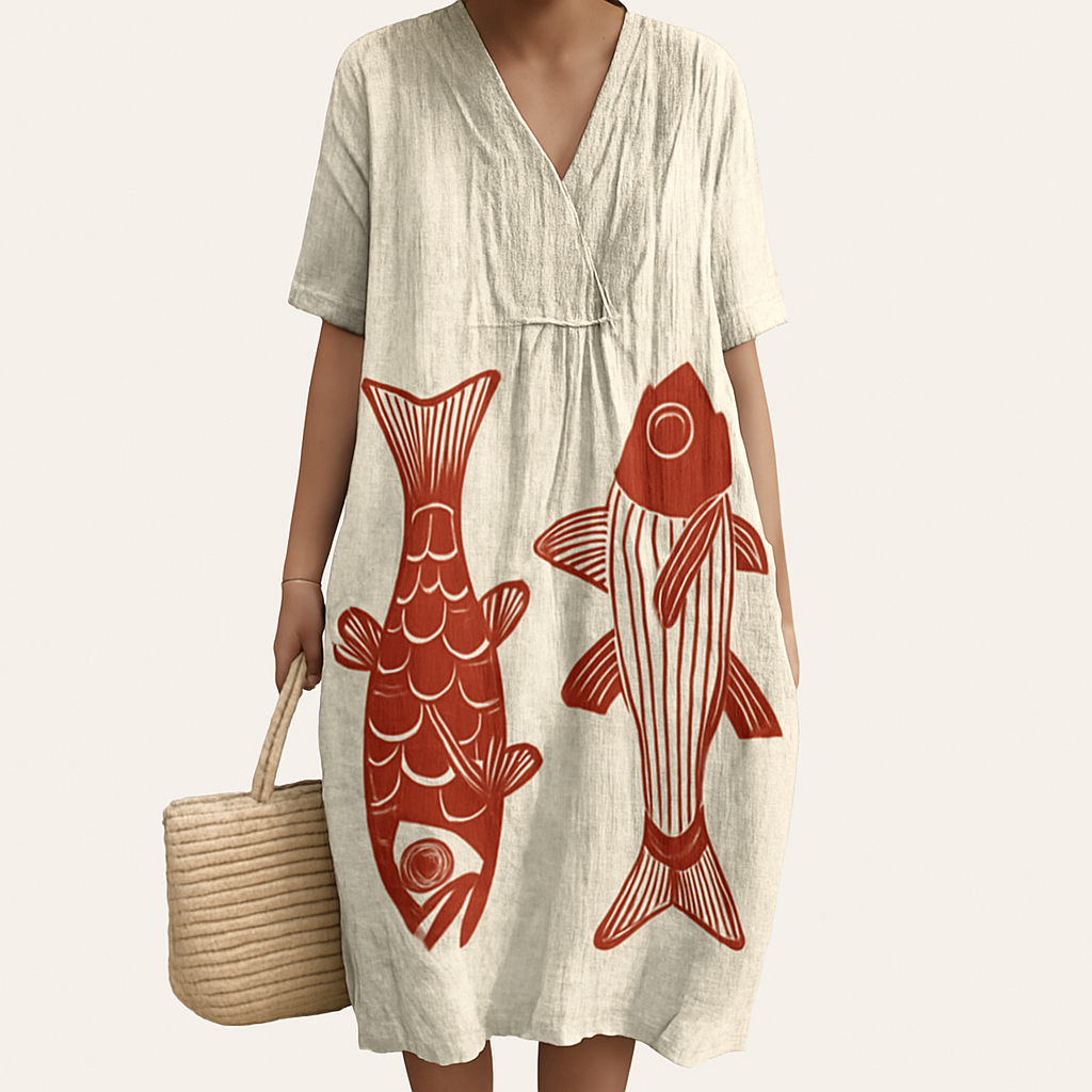 Sommerlig midi-kjole af bomuld med boheme patchwork og løs pasform, en must-have kvindekjole til ferien.