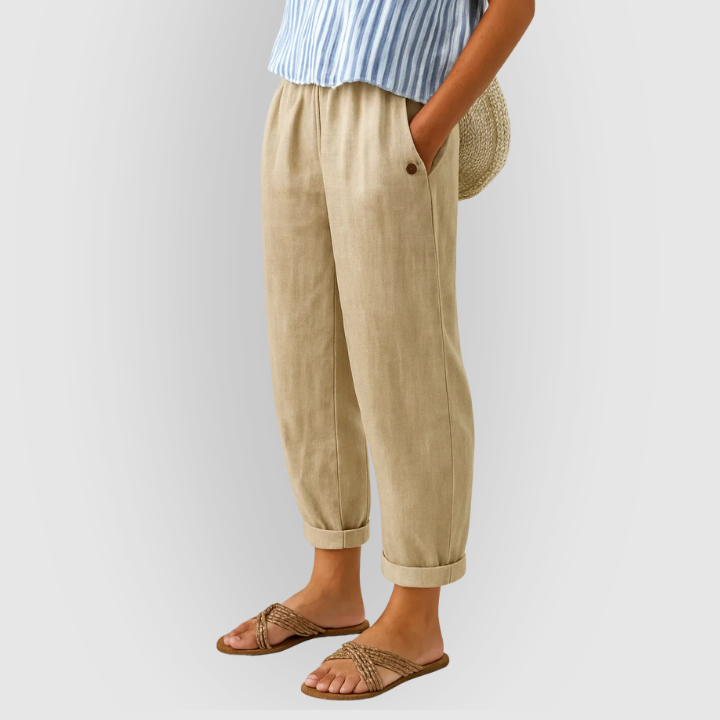 Løse hør-look damebukser i beige med elastik talje. Perfekt til afslappet sommer og ferie.