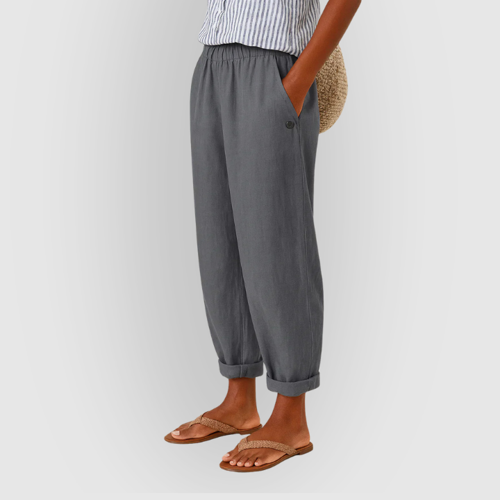Grå hør-look sommerbukser til damer. Løse bukser med elastik talje, perfekte til ferie og afslapning.