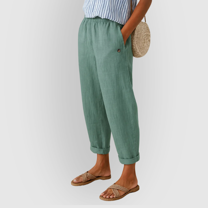Blågrønne casual damebukser i hør-look med elastik talje. Løse sommerbukser.