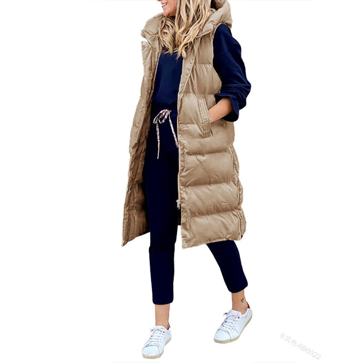 Lang sort dame puffer vest med hætte. Varm og stilfuld vintervest, perfekt som overtøj til kvinder.