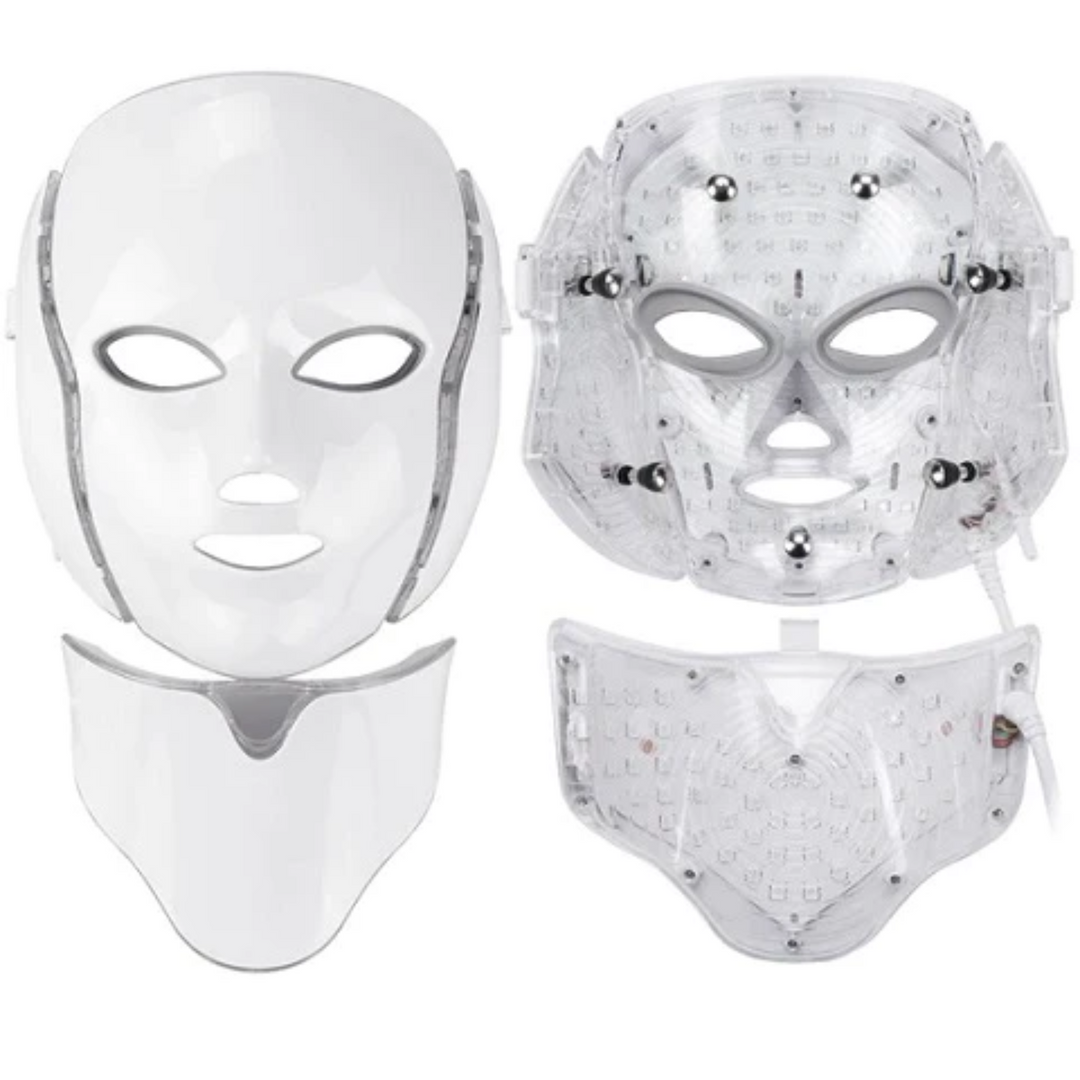 Anti-aging LED-maske med lysterapi for ansigt og hals, reducerer rynker og forbedrer hudens elasticitet.