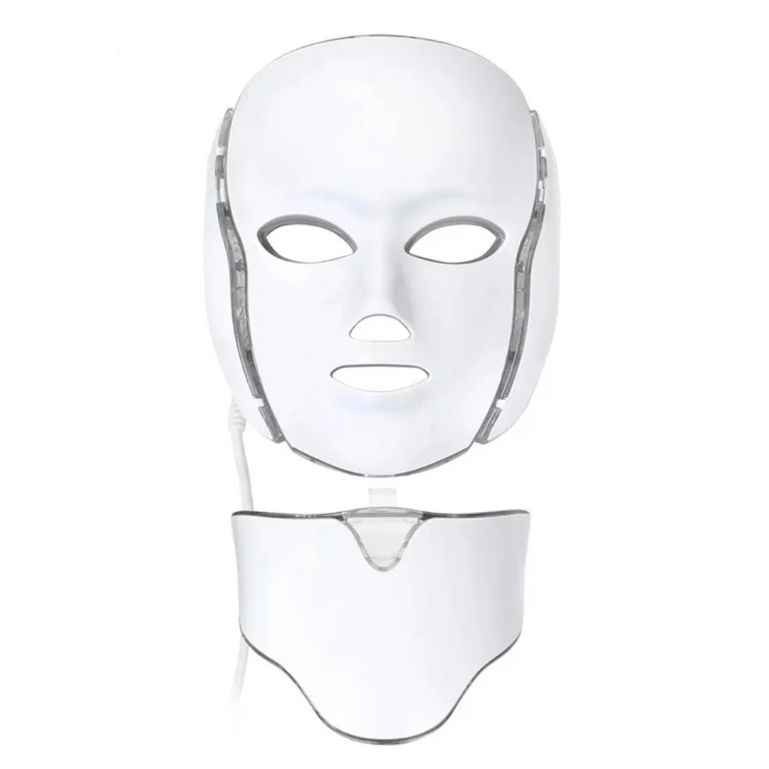 Skønhedsmaske med LED-lysterapi til hjemmebrug for ansigt og hals. Nem og effektiv hudpleje.