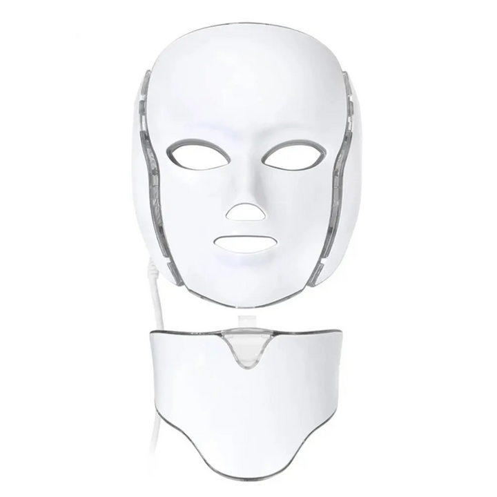 Skønhedsmaske med LED-lysterapi til hjemmebrug for ansigt og hals. Nem og effektiv hudpleje.