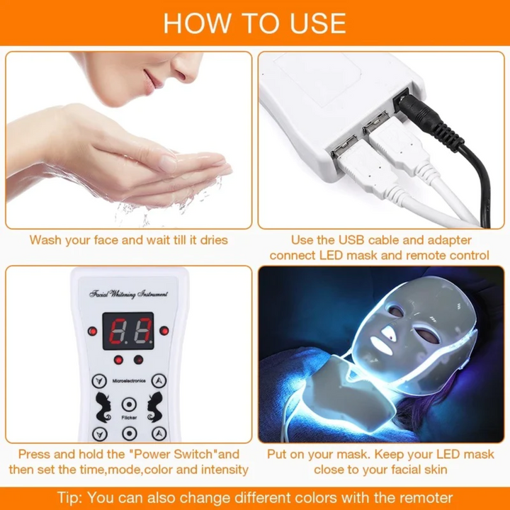 Multifunktionel LED-maske til ansigt og hals. Lysterapi mod rynker, akne og forbedrer hudens glød.