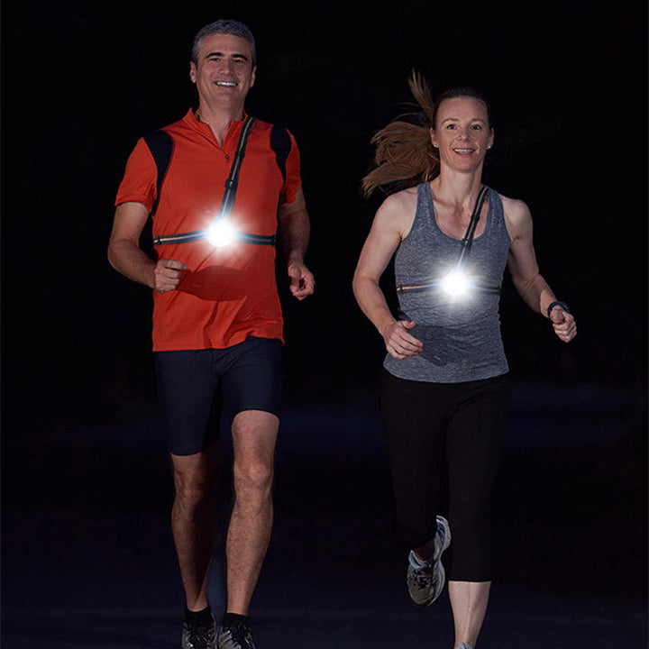 LED-pandelygte til løb med justerbar rem, designet for optimal synlighed og komfort under udendørs sport.