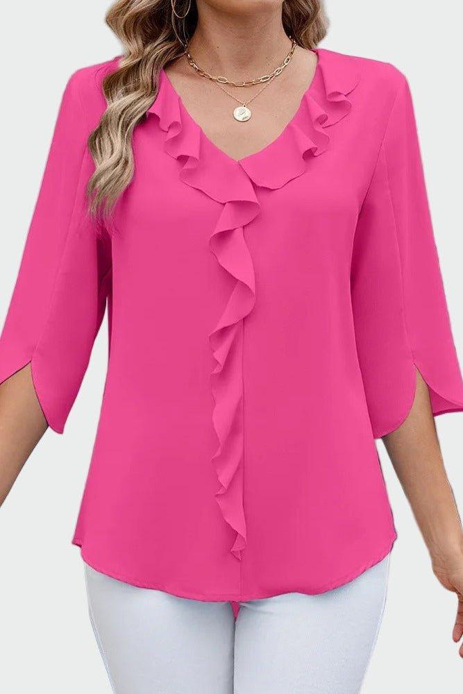 Flæsebluse til kvinder med elegant design, trekvart ærmer & løs pasform. En alsidig hverdagsbluse.