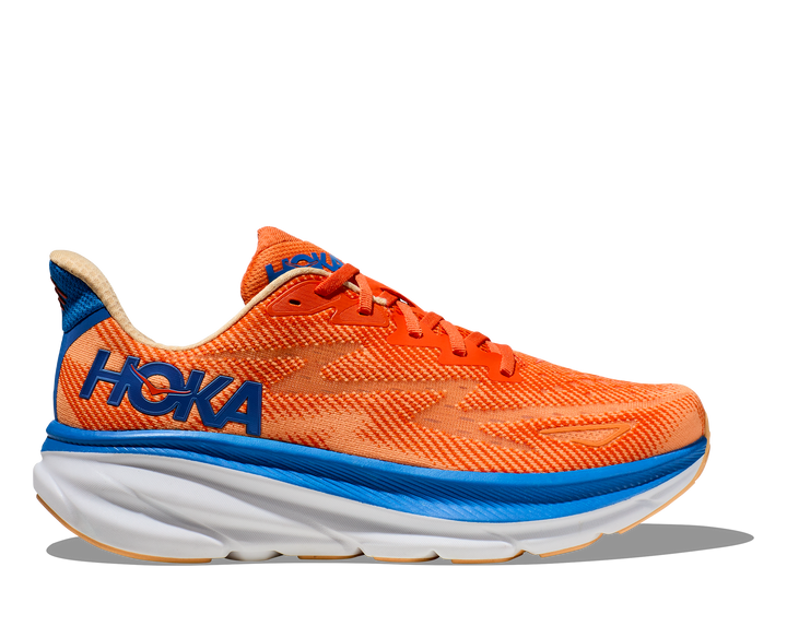 Lette herresko i grå og blå med hvid sål, Hoka Clifton 9, designet til optimal komfort og stødabsorbering.