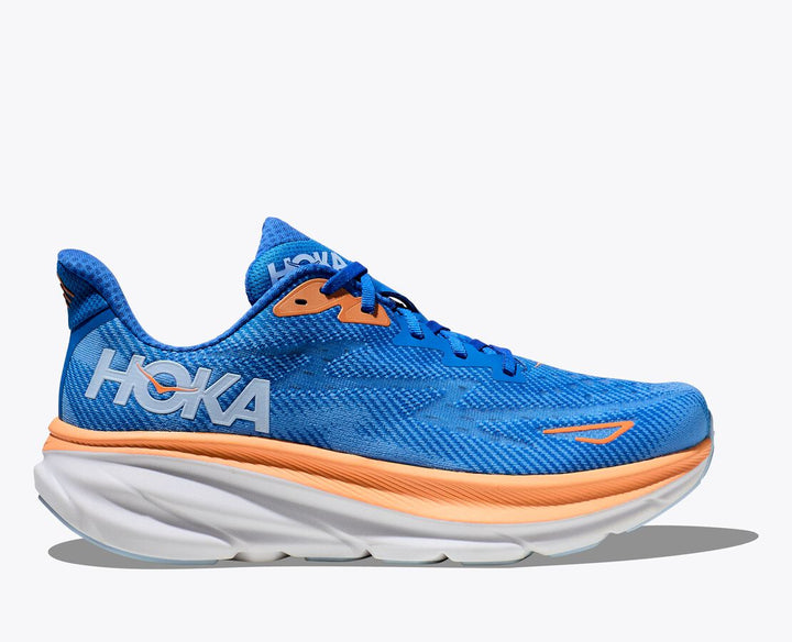 Lette herresko i grå og blå med hvid sål, Hoka Clifton 9, designet til optimal komfort og stødabsorbering.