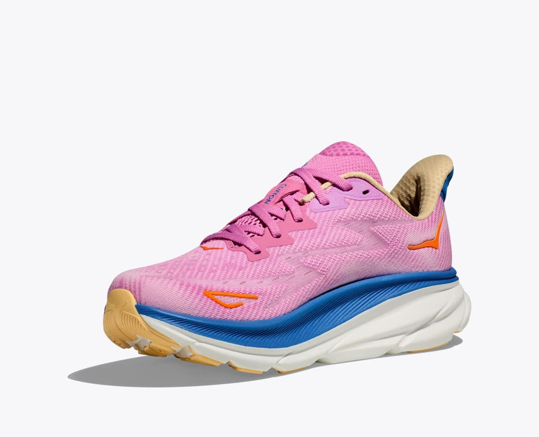 Lette herresko i grå og blå med hvid sål, Hoka Clifton 9, designet til optimal komfort og stødabsorbering.
