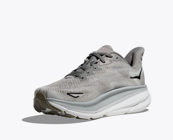 Lette herresko i grå og blå med hvid sål, Hoka Clifton 9, designet til optimal komfort og stødabsorbering.