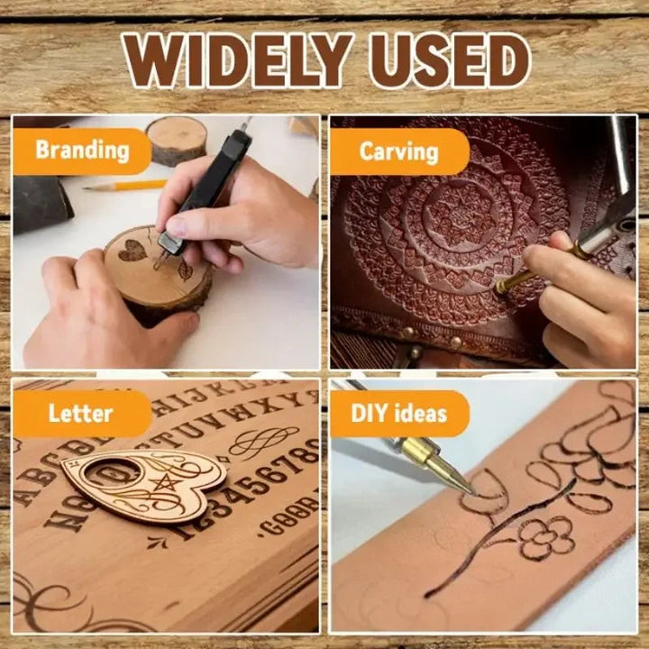 Elegant gravering af initialer i læder med LetterCraft Pro bogstavsættet til unikt håndværk.