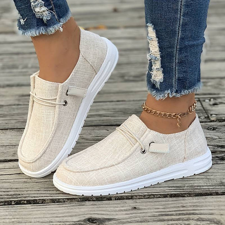 Letvægts loafers i stilfuldt hørlook, åndbart materiale, beige tone, casual og komfortabelt design til kvinder.
