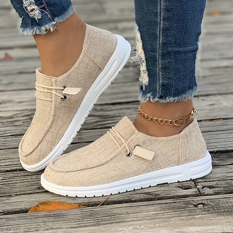 Letvægts loafers i stilfuldt hørlook, åndbart materiale, beige tone, casual og komfortabelt design til kvinder.