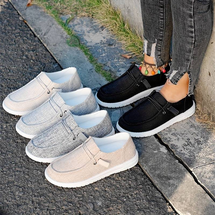 Letvægts loafers i stilfuldt hørlook, åndbart materiale, beige tone, casual og komfortabelt design til kvinder.