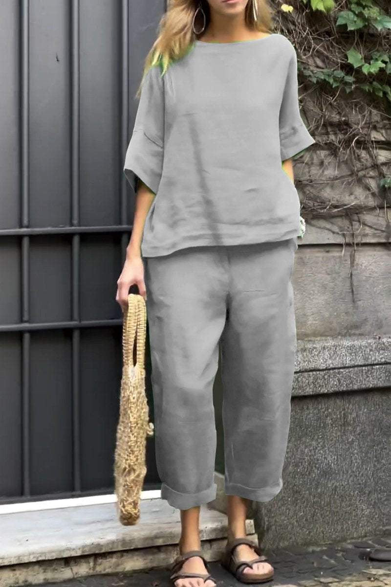 "Løst fit buksedragt sæt i grøn, komfortabel loungewear med korte ærmer og elastisk talje, ideel til afslappede stunder."