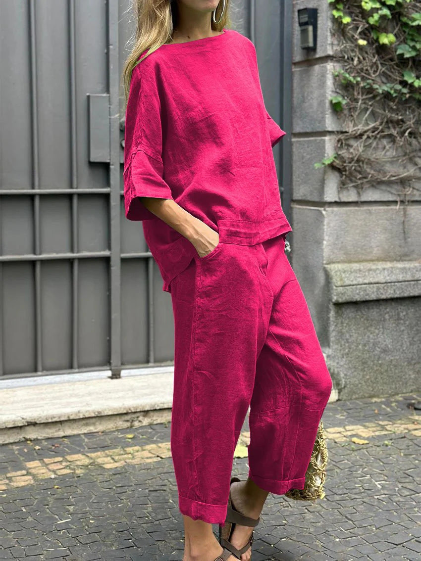 "Løst fit buksedragt sæt i grøn, komfortabel loungewear med korte ærmer og elastisk talje, ideel til afslappede stunder."