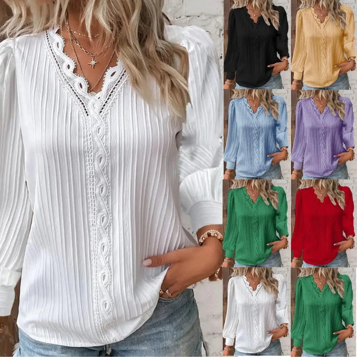 "Luftig chiffonbluse til kvinder med V-hals og delikate blonder, set forfra, ideel til elegant efterårsstil."