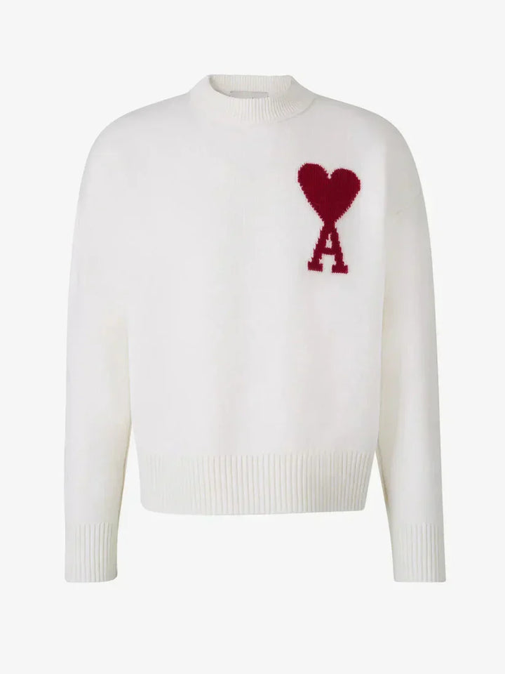 "Luksuriøs unisex uldpullover med ikonisk hjerte-design, minimalistisk grafik og super komfort til både mænd og kvinder."